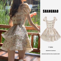 法式後背蝴蝶結鏤空碎花蓬蓬裙女夏季小個子純欲甜辣泡泡袖連衣裙