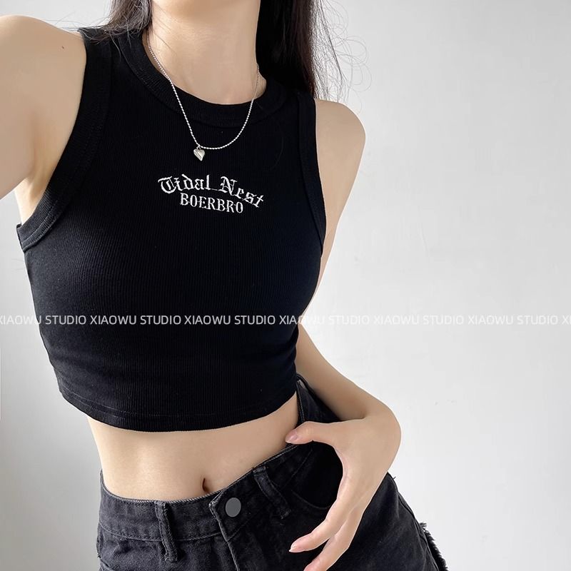 美式街頭刺繡字母工裝字背心女修身內搭打底辣妹外穿無袖短款上衣