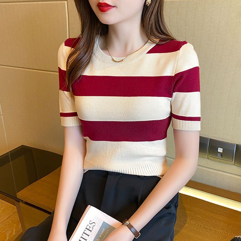 條紋短袖t恤女修身顯瘦冰絲針織衫夏新款外穿內搭短款上衣女