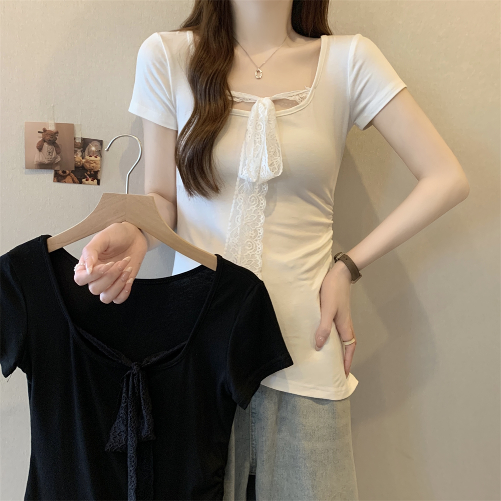 Real photo 40 pure cotton 210g 92 cotton/8 spandex short-sleeved T-shirt for women's halter neck lace