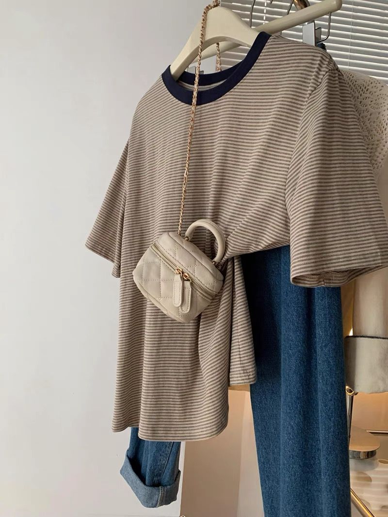 2025 new style extra-large size 300 jin contrasting striped round neck short-sleeved T-shirt for women's fashionable and versatile top