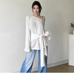 Lightweight bamboo stripe linen off-shoulder strap design blouse top sheer solid color long-sleeved T-shirt for women
