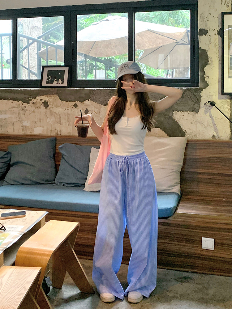 Real photo Korean chic summer blue striped casual pants wide-leg pants + suspender vest top