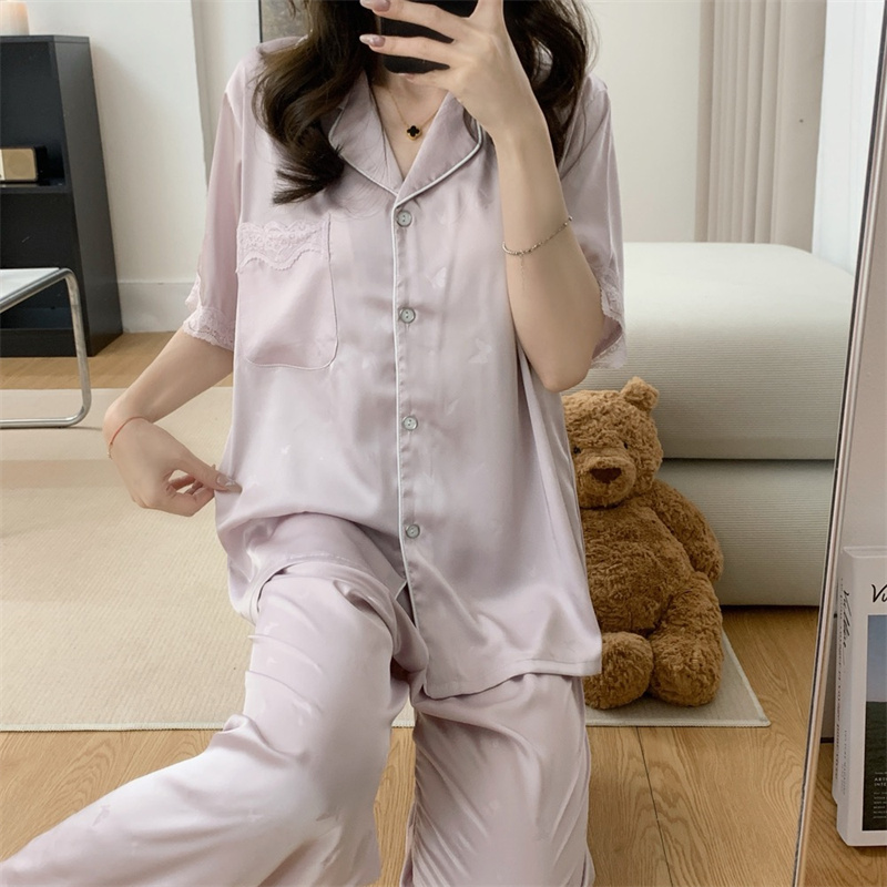 Real shot of 25 years new high-end lace pajamas trousers suit lapel top ice and snow silk three-piece set