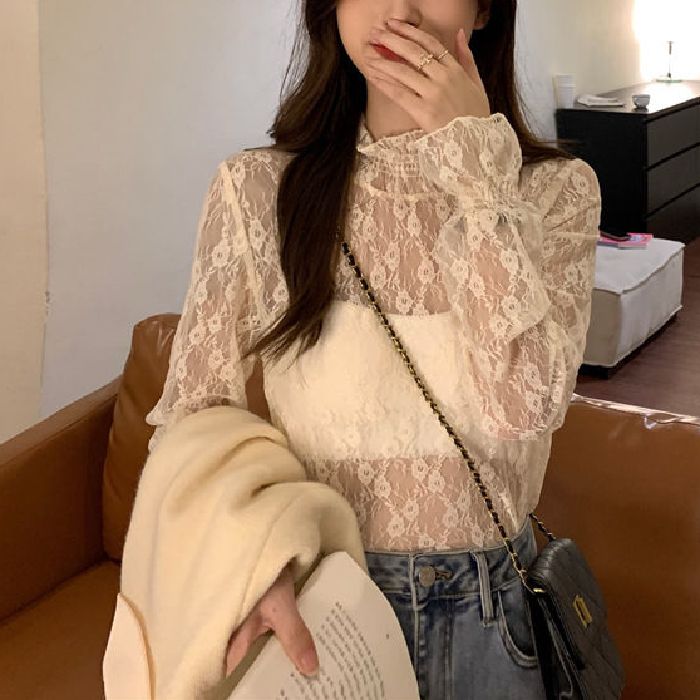 Long-sleeved sexy hot girl lace base shirt for women turtleneck perspective mesh top exquisite empty fairy chiffon shirt
