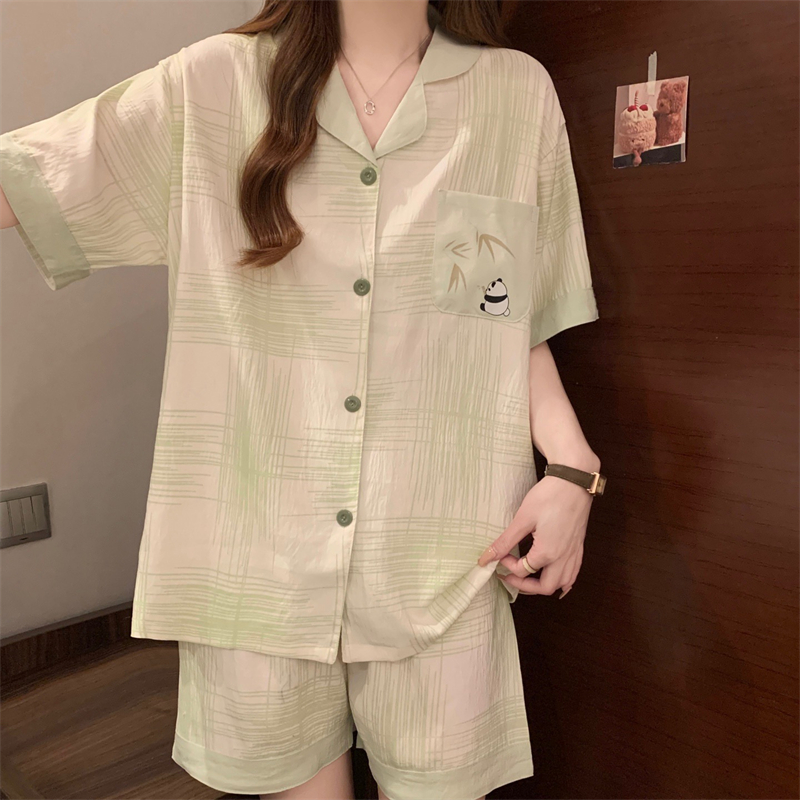 Real photo of summer sweet panda pajamas short-sleeved cute cardigan wearing shorts thin home clothes set