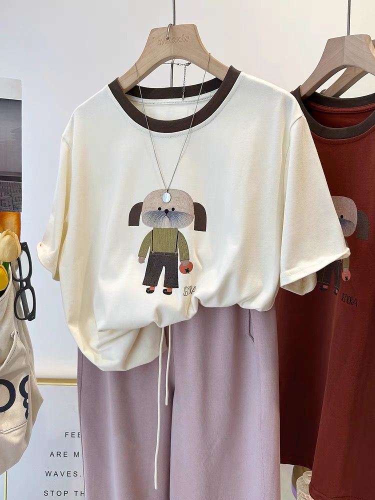 ~Large size pure cotton contrast color cartoon dog spring and summer new printed short-sleeved T-shirt for women