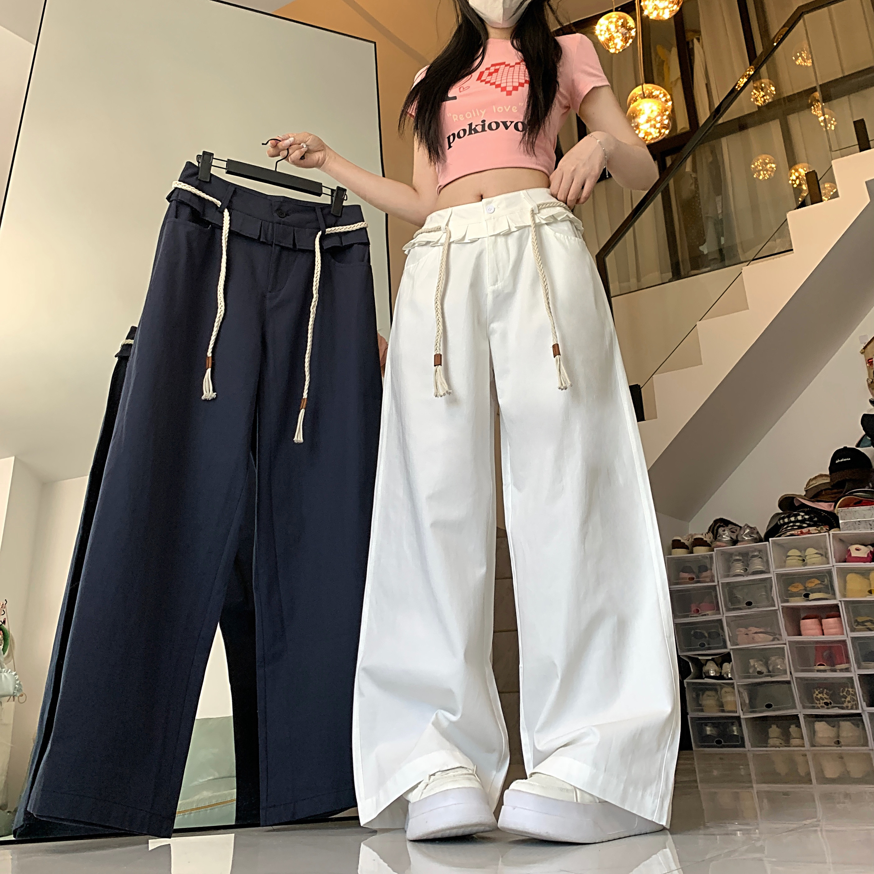 實拍深藍色木耳花邊休閒褲女夏季韓系腰繩設計感高腰直筒闊腿褲子