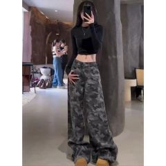 春夏美式高街辣妹迷彩灰牛仔褲女大碼胖mm顯瘦遮胯直筒闊腿褲長褲