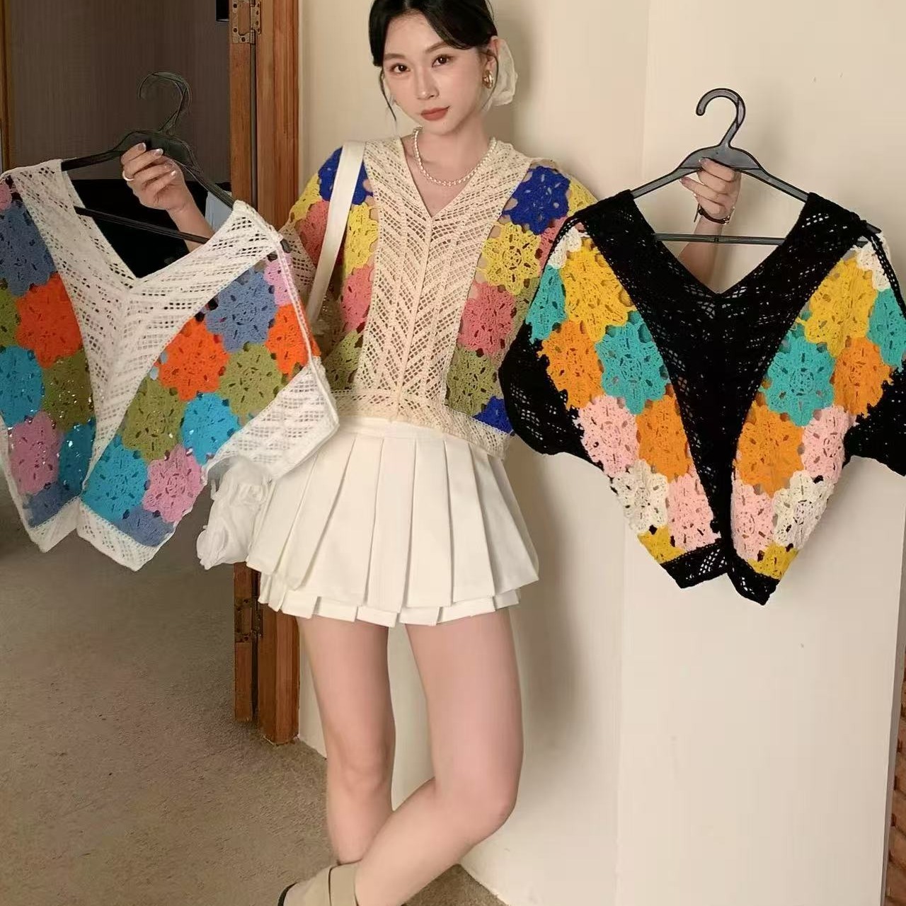 鈎花針織開衫女夏季2025新款設計感小眾短款鏤空v領上衣