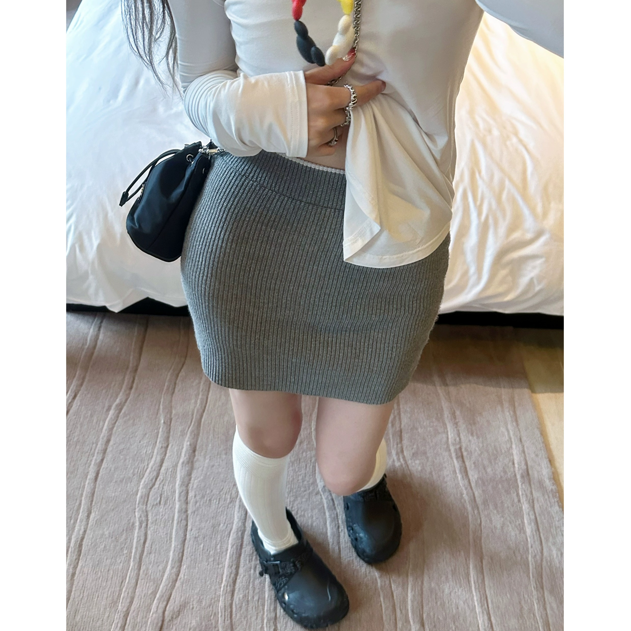 LUU Taoxier/Grey knitted white-edged skirt for women with high waist short skirt for hips casual sports design