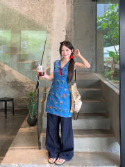 Real shot Korean chic summer layered floral V-neck blue dress top two