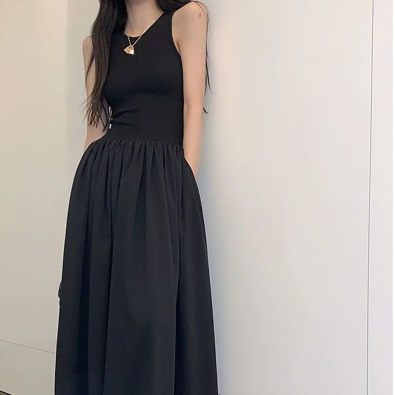 法式小香風無袖背心夏季新款小眾收腰顯瘦修身小個子拼接中長裙子
