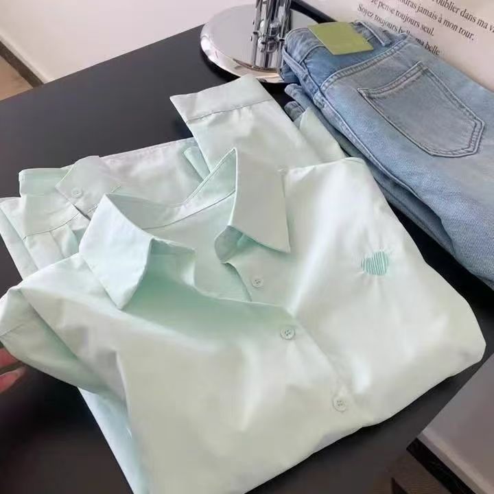 清新韓系顯白薄荷綠色長袖襯衫刺繡設計感甜美寬鬆春夏襯衣開衫女