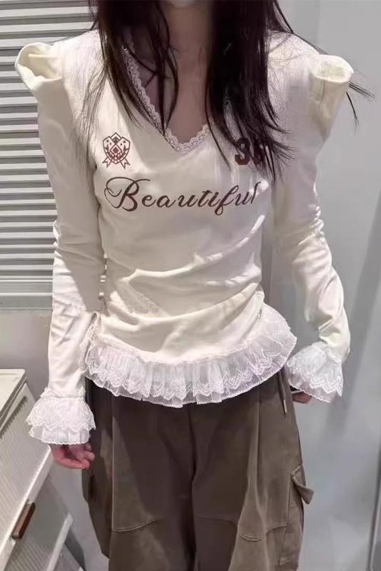 原版做工韓版設計感假兩件蕾絲花邊拼接字母印花長袖打底衫女