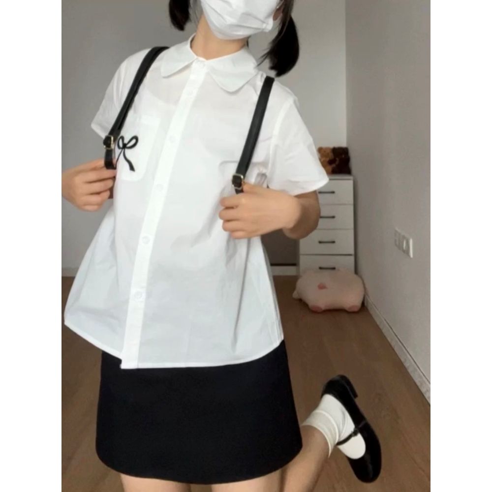 蝴蝶結刺繡白色襯衫女短袖夏季新款學院風設計感小眾氣質襯衣上衣