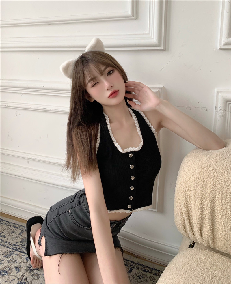 Real shot of personalized lace splicing girl's neck sexy backless suspender slim fit