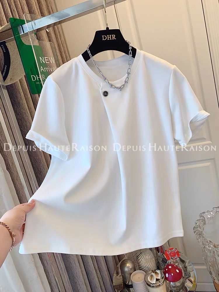 2025 summer new style unique and super beautiful one-button design short-sleeved T-shirt top for women