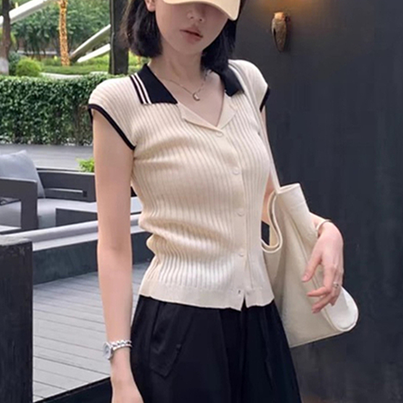 American college style polo neck short-sleeved knitted cardigan for women's summer thin 2025 new waist-hugging and slimming shoulder top