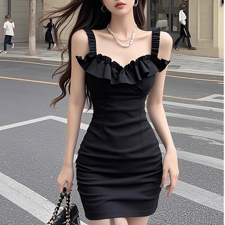 Black V-Neck Strap Dress for Women, Rich Heirloom Luxury Sexy Cold Lady Aura Pure Desire Mini Skirt