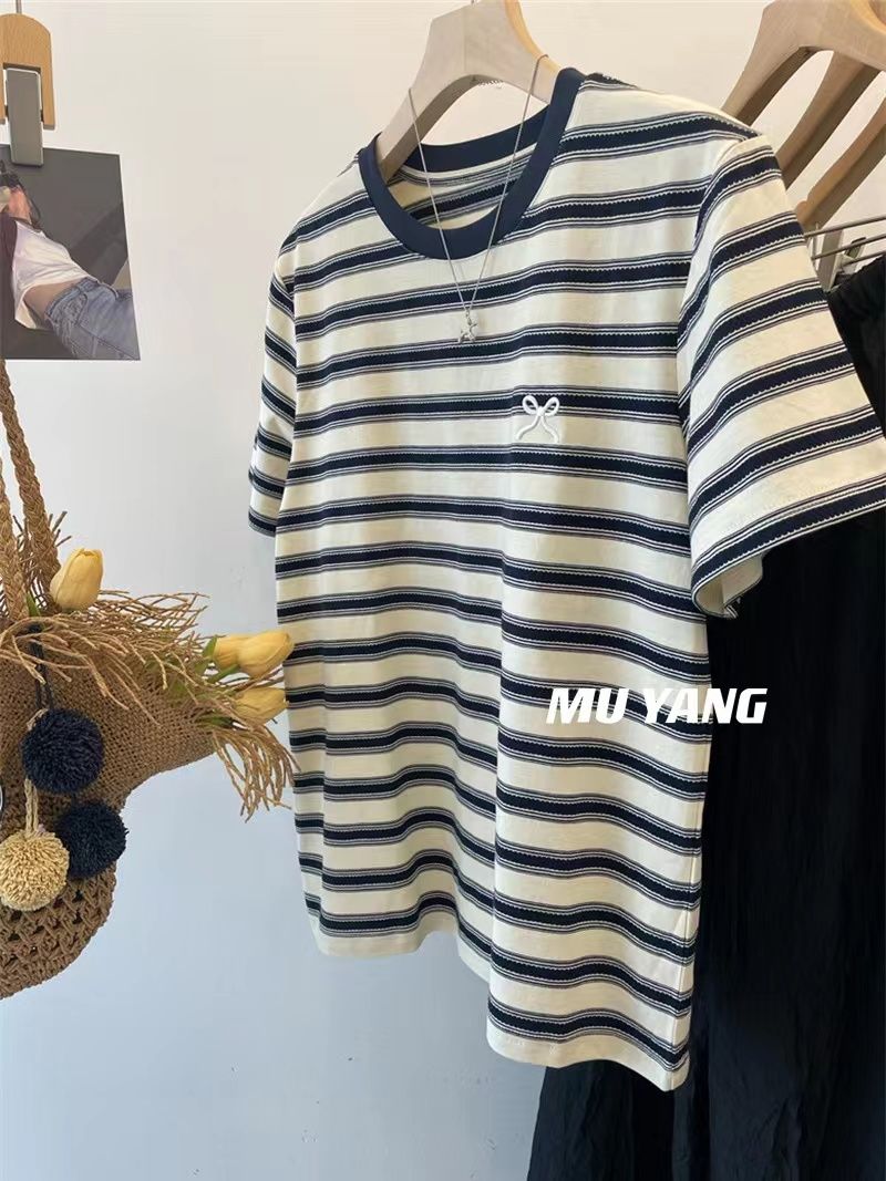 Navy blue contrast bow short-sleeved striped round neck T-shirt women's summer top