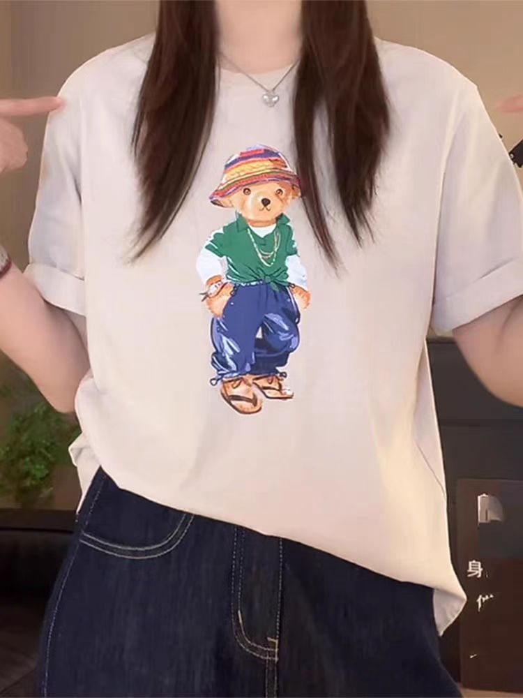 200g combed and tight spun in 2025, pure cotton back bag strip, spring and summer loose shoulder printed short-sleeved T-shirt