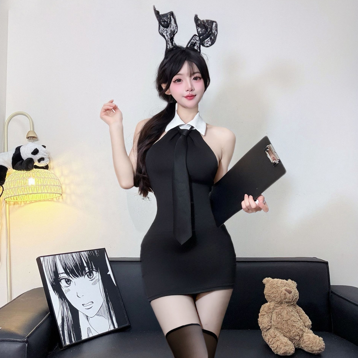 Real shot of hot girls polo neck halter neck backless dress COS secretary package hip skirt OL game uniform skirt
