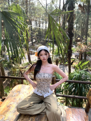 Real shot!  French style short hot girl strapless top for women lace spliced ​​loose wide-leg jeans trendy