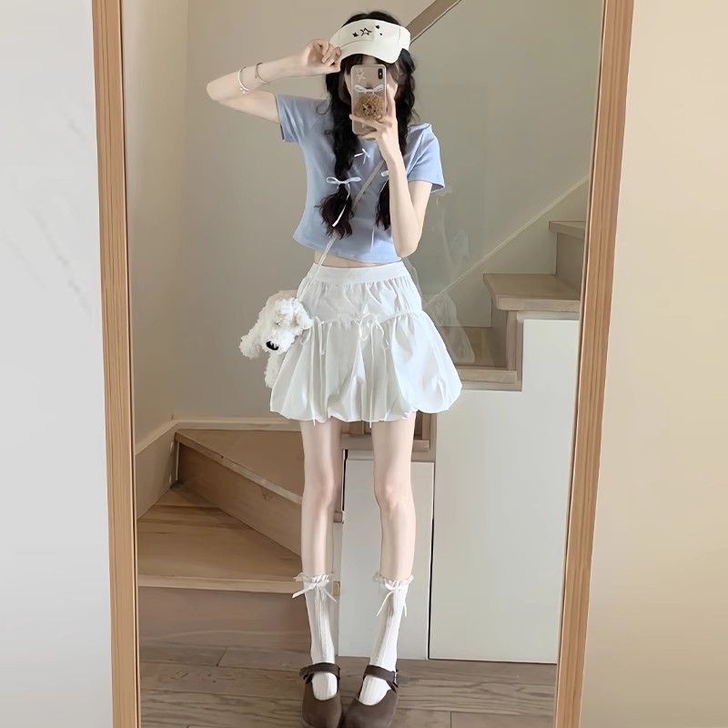 2025 new bow tied short skirt flower bud skirt fluffy skirt sweet style A-line white skirt summer