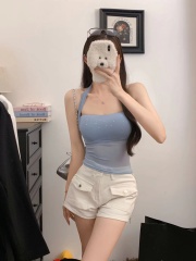 辣妹設計感網紗燙鑽吊帶背心女夏季新款小眾性感修身洋氣外穿上衣