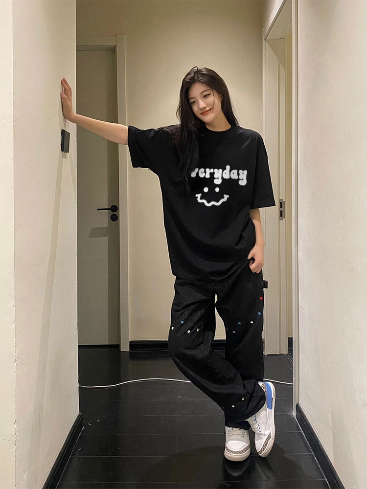 200g combed and tight spun in 2025, pure cotton back bag strip, spring and summer loose shoulder printed short-sleeved T-shirt
