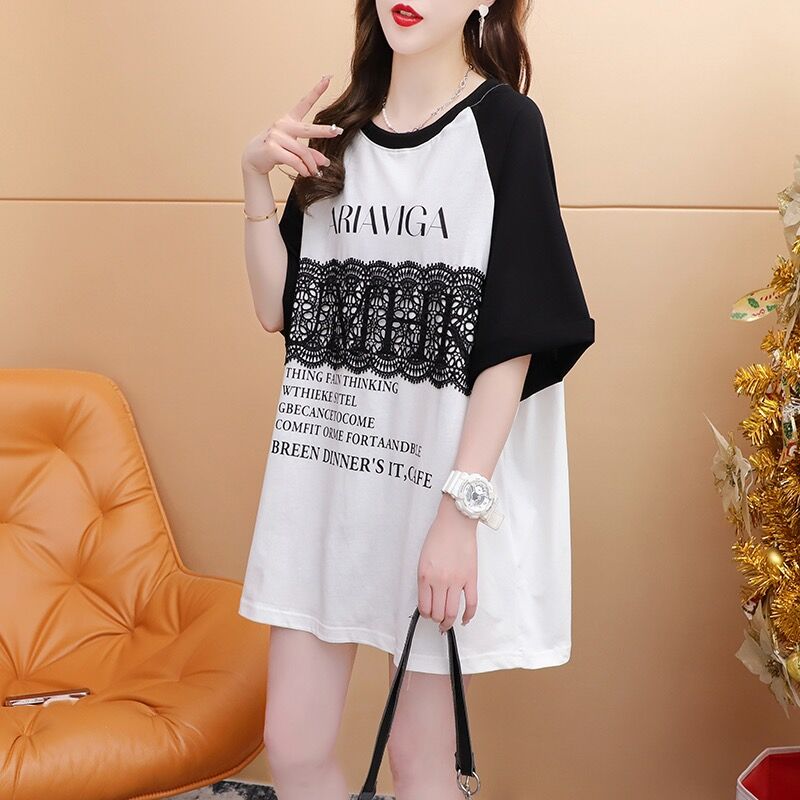 3012# quality/Huandings pure cotton/rear collar/medium-length lace splicing short-sleeved T-shirt for women