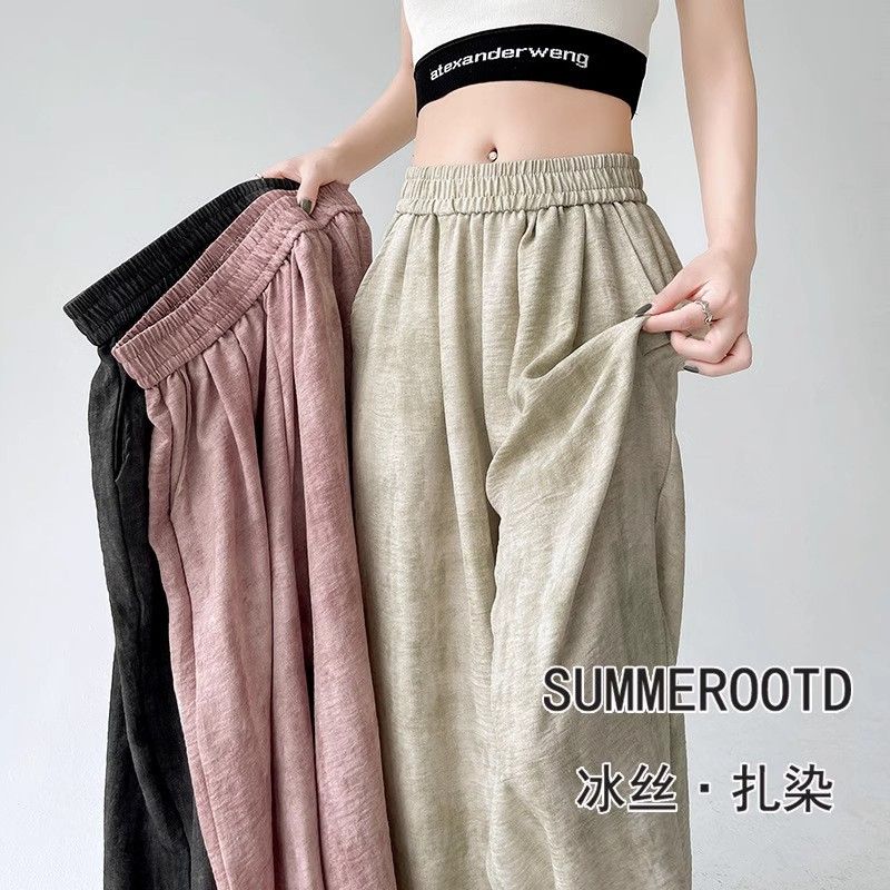 Tie-dye cotton and linen casual wide-leg pants 2025 summer new style lazy style loose draping straight-leg floor trousers women's pants