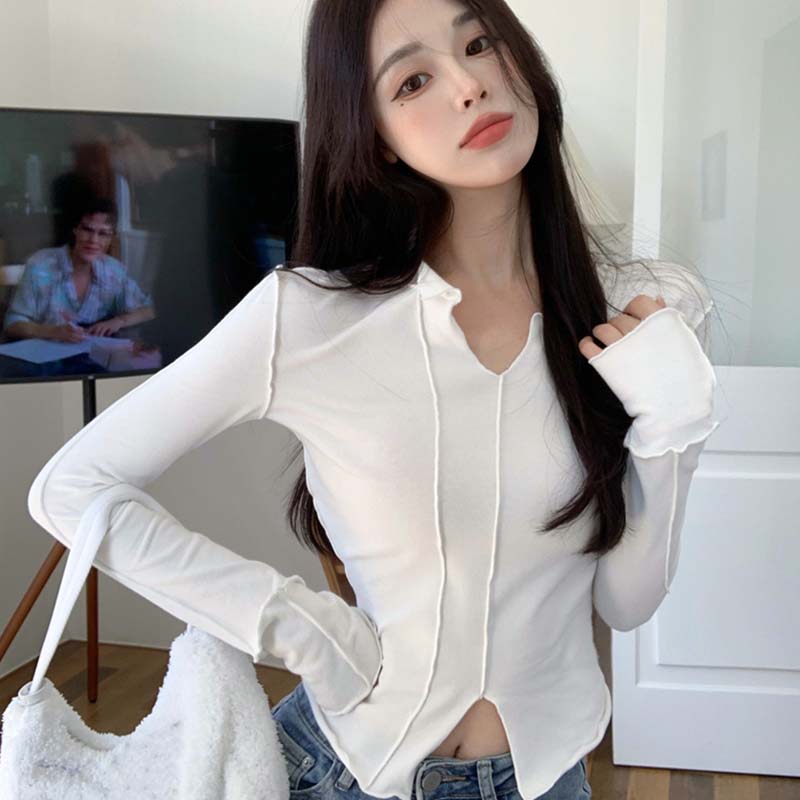 長袖打底衫t恤女秋冬設計感小眾不規則v領顯瘦正肩上衣潮