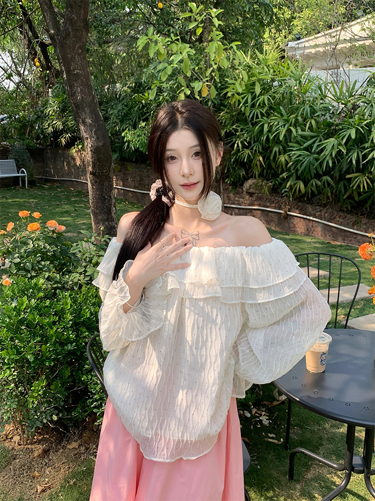 Real photo of Korean chic small fresh polka dot sun protection pure desire one-shoulder chiffon shirt for scarf