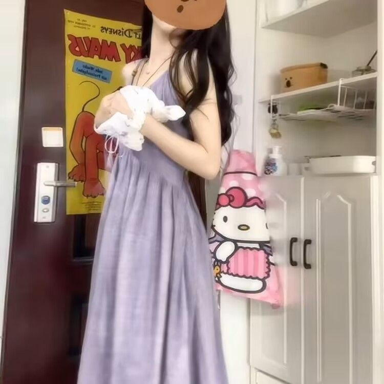 法式氣質優雅吊帶連衣裙子女2025夏季新款高端精緻小個子紫色長裙