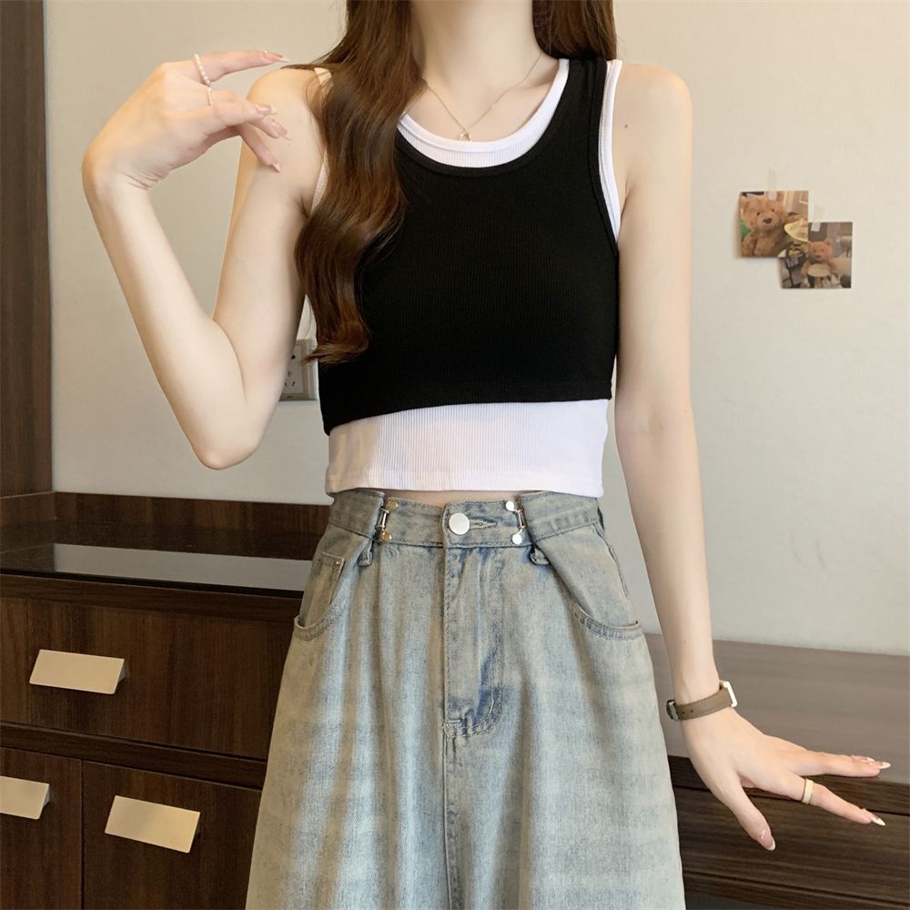 Real photos Korean foreign trade 40 pure cotton 210g 92 cotton/8 spandex suspender vest for women layering fake two pieces