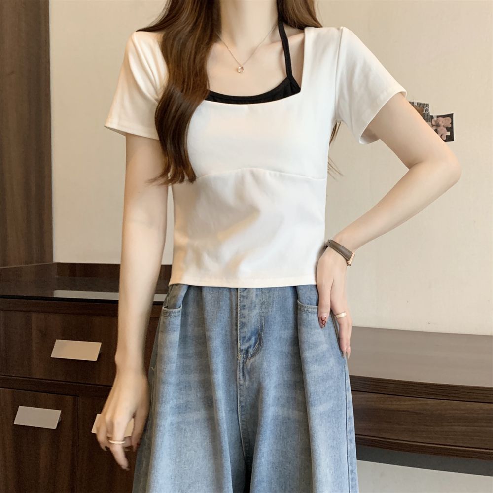 Real shot 2025 new fashionable hot girl short-sleeved T-shirt for women suspenders fake two-piece tops for summer
