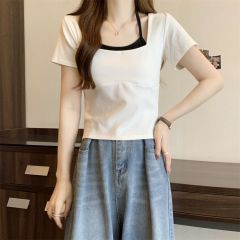 Real shot 2025 new fashionable hot girl short-sleeved T-shirt for women suspenders fake two-piece tops for summer