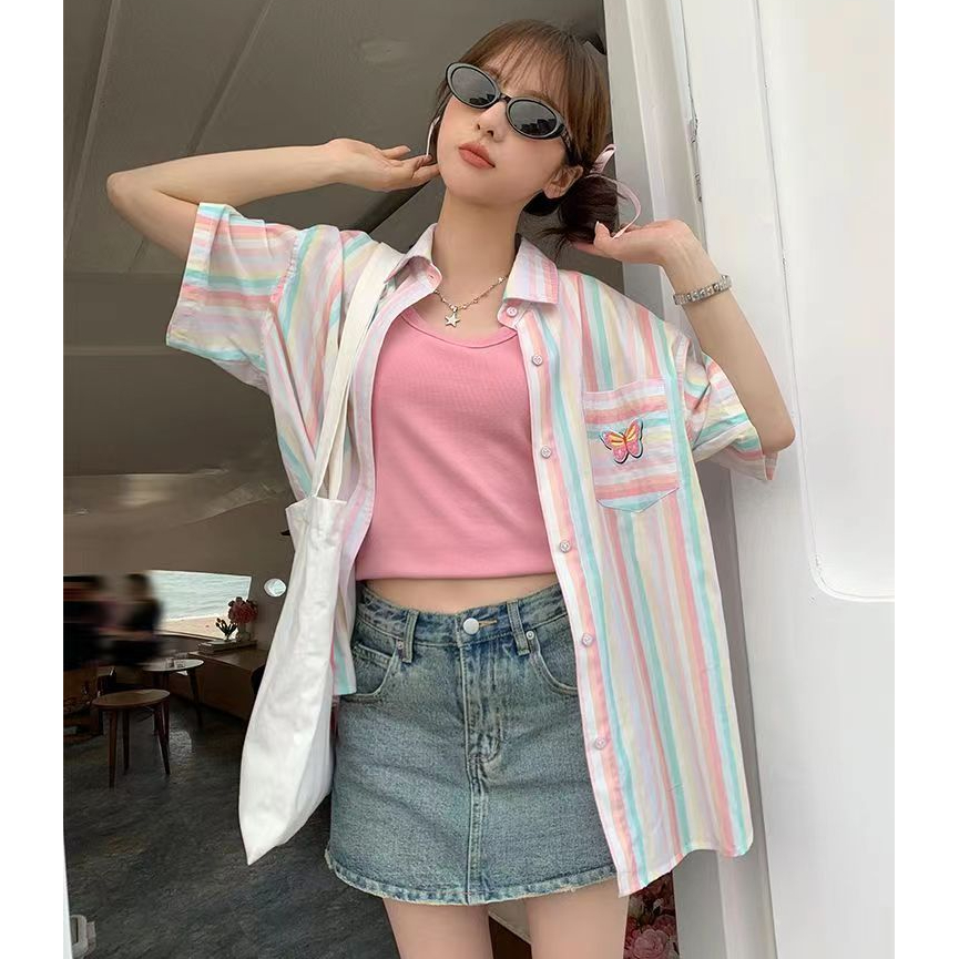 學院風日系可愛條紋襯衣女甜美毛巾繡蝴蝶夏糖果色多巴胺短袖襯衫
