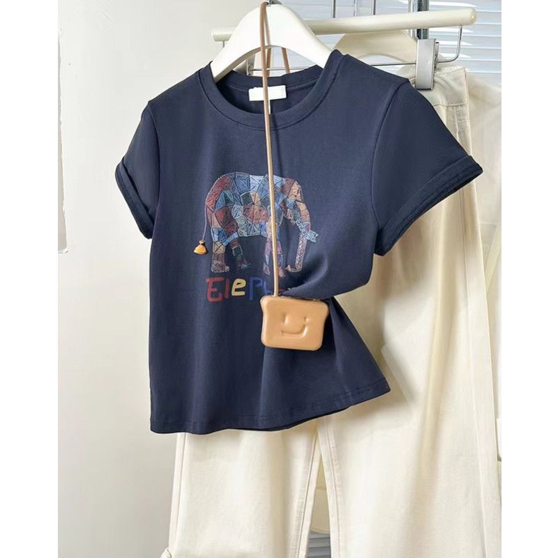 Hanging beard, original method: Xiaoxiang printed front shoulder short-sleeved T-shirt women's T-shirt top