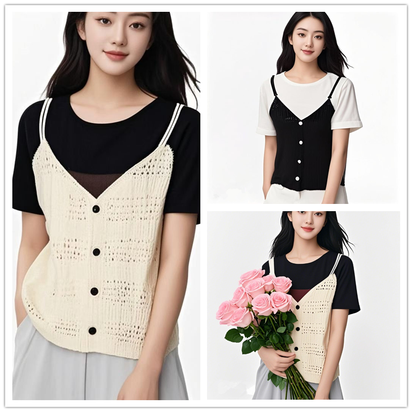 Fake two-piece short-sleeved T-shirt for women in summer new versatile front shoulder round neck color-blocking hollow spliced ​​knitted top