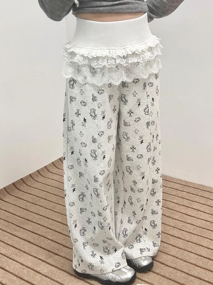 Korean version of 2025 new lace lace casual pants for women elastic high waist straight wide-leg pants