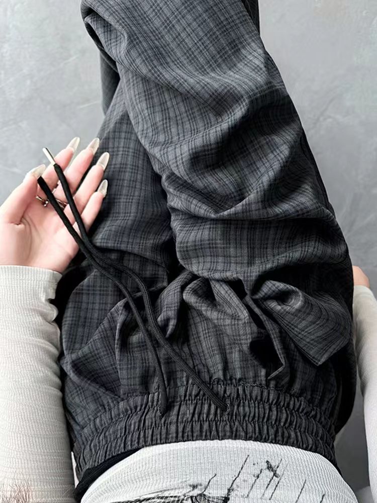 Dark gray plaid wide-leg pants for women in summer high waist drooping casual small person lazy Yamamoto floor pants