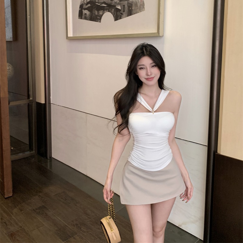 Real shot~ Sexy ring neck halter wears more French and American back strapless new spring and summer pleated vest