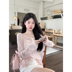 Pink sweet and spicy style back hollow lace-up T-shirt long-sleeved slightly sunscreen blouse for women in summer slim outer top