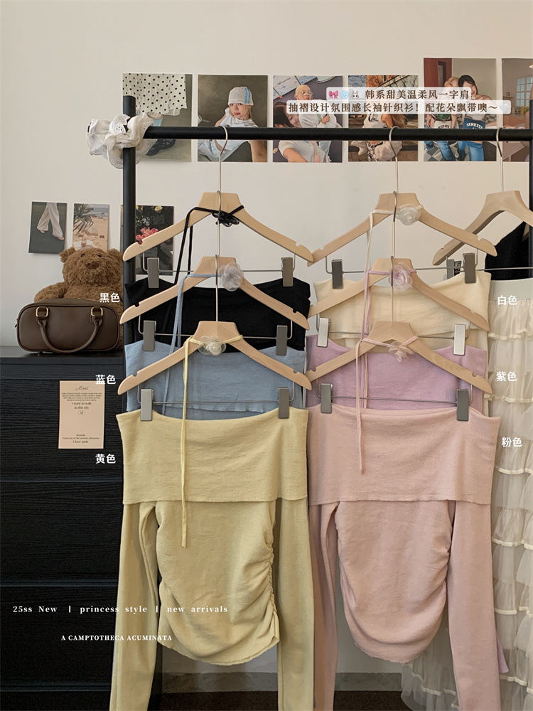 Real shot of 25-year new Korean temperament one-shoulder knitted top for women's gentle sweet slim short shirt