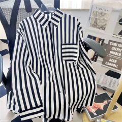 Real photo loose large size French black striped spring thin shirt light mature women's shirt long-sleeved top