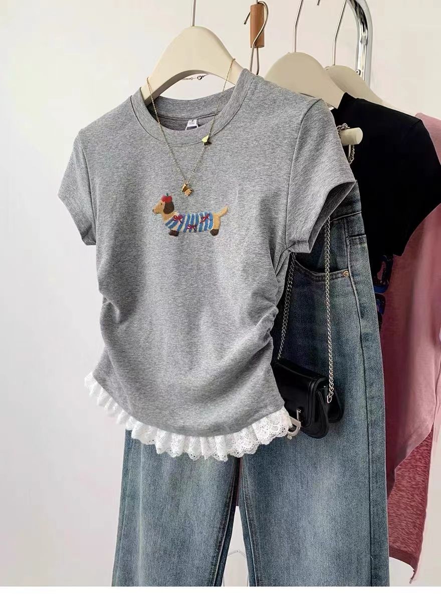 Towel embroidery puppy lace short-sleeved T-shirt for women new short shoulder slim waist top