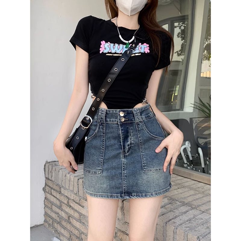 American sexy hot girl slim slim denim skirt for women in summer new high-waisted meat covering versatile hip-covering skirt